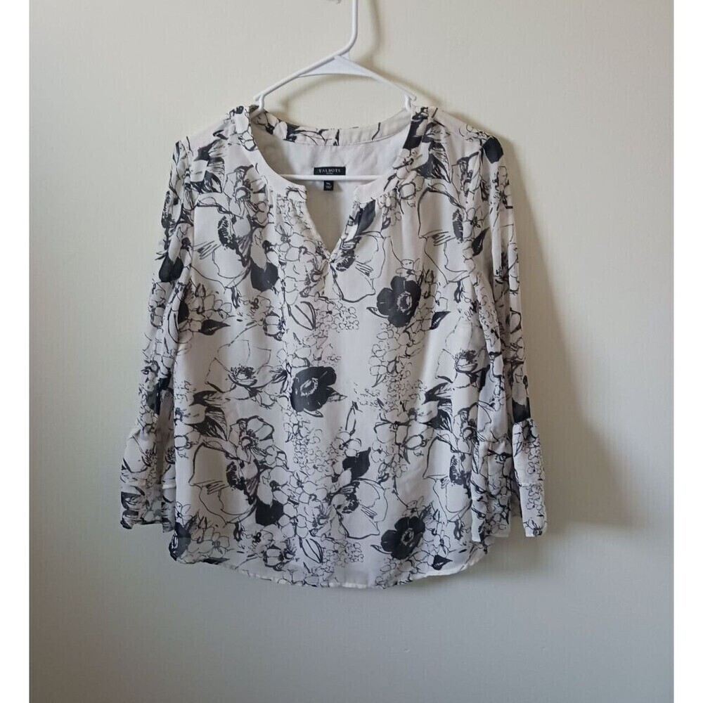 Talbots Petite Blouse Top Long Sleeve V Neck‎ Floral Black White Size M